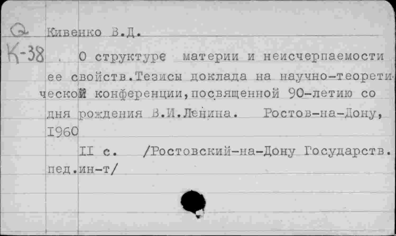 ﻿_Каке|шш. 
£ . О структуре материи и неисчерпаемости ее свойств.Тезисы доклада на научно-теоретической конференции,посвященной 90-летию со дня (рождения В.И.Ленина. Ростов-на-Дону, 1960
II с. /Ростовский-па-Дону Государств, пед.ин-т/